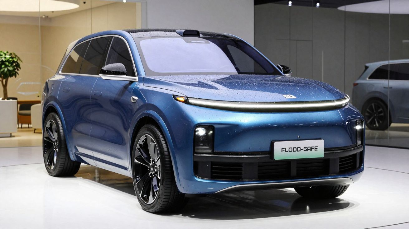 Carro elétrico SUV azul moderno exposto em interior minimalista com luzes refletidas na carroçaria.