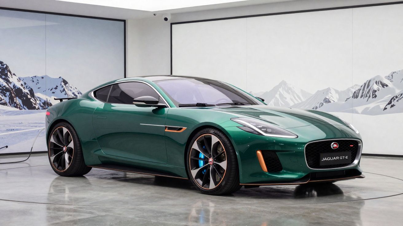 Automóvel desportivo Jaguar verde, modelo GT-E, exposto em sala com imagens de montanhas nevadas.