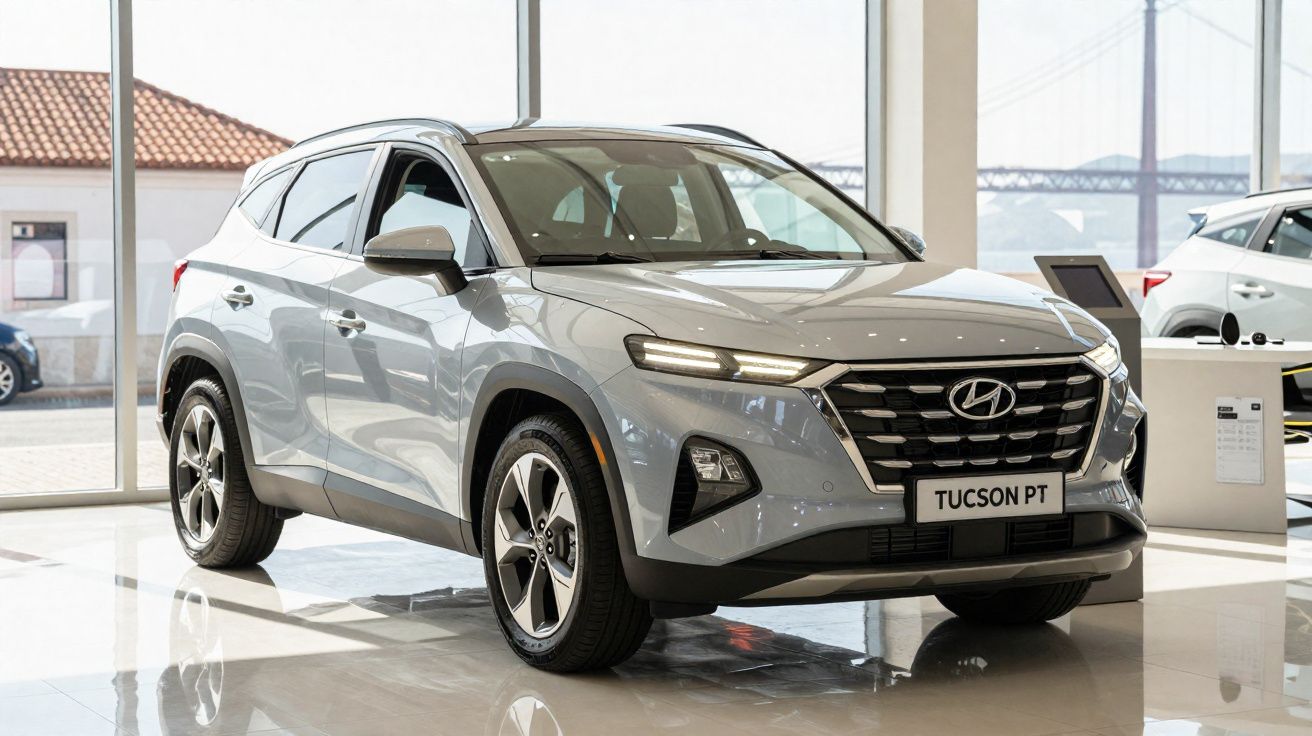 Veículo Hyundai Tucson cinza mostrado numa loja, com janelas grandes ao fundo e piso brilhante.