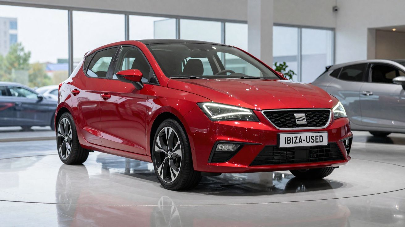 Carro vermelho Seat Ibiza usado exposição interior com jantes desportivas e luzes LED ligadas.