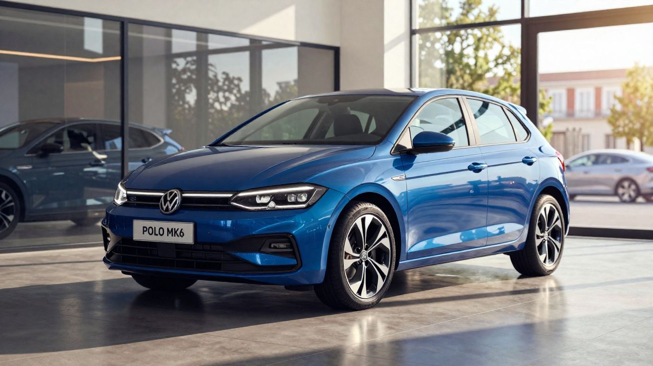 Carro Volkswagen Polo MK6 azul estacionado em interior de showroom moderno com janelas amplas.