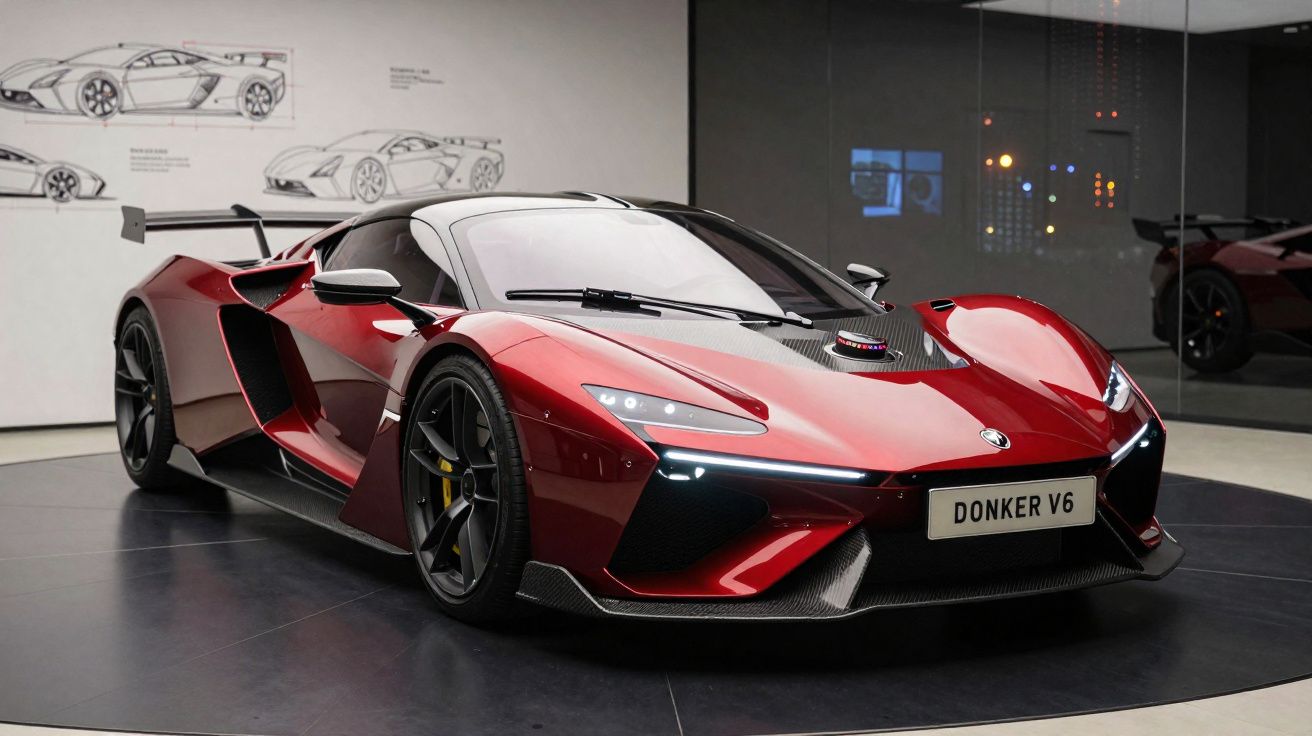 Carro desportivo vermelho Donker V6 exposto em sala com desenhos técnicos na parede branca.
