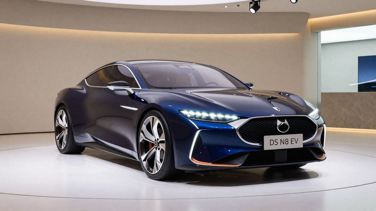 Automóvel desportivo elétrico azul DS N8 EV em exposição numa sala moderna e iluminada.