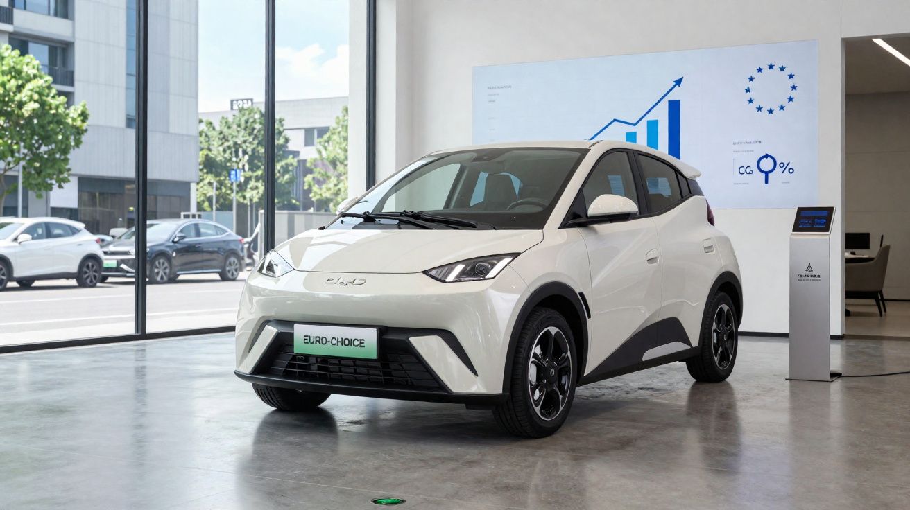 Carro elétrico branco estacionado dentro de showroom moderno com gráficos de crescimento na parede.