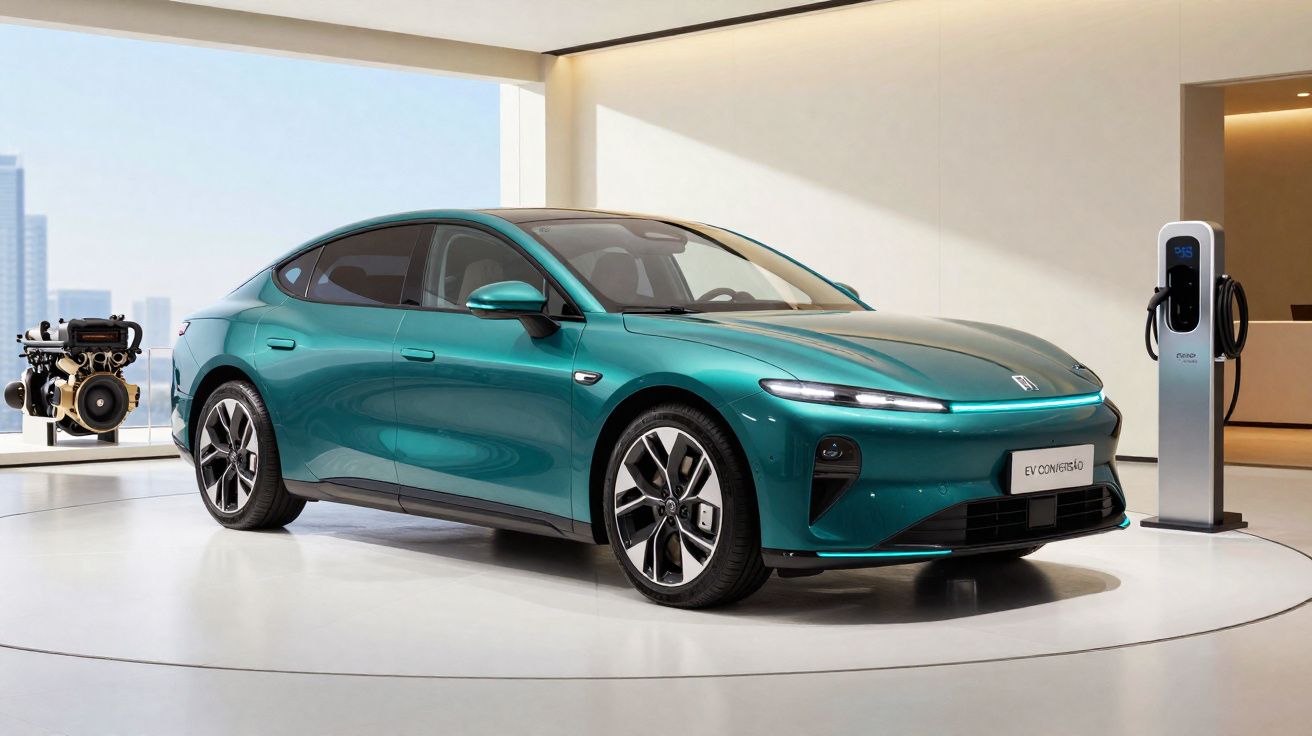 Carro elétrico verde metálico estacionado em espaço moderno com estação de carregamento à direita.