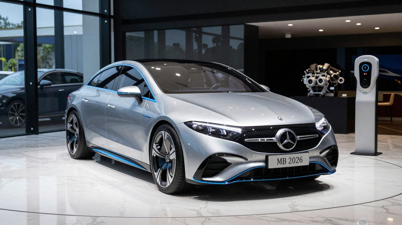 Carro elétrico Mercedes-Benz prateado em exposição num showroom moderno com posto de carregamento ao lado.