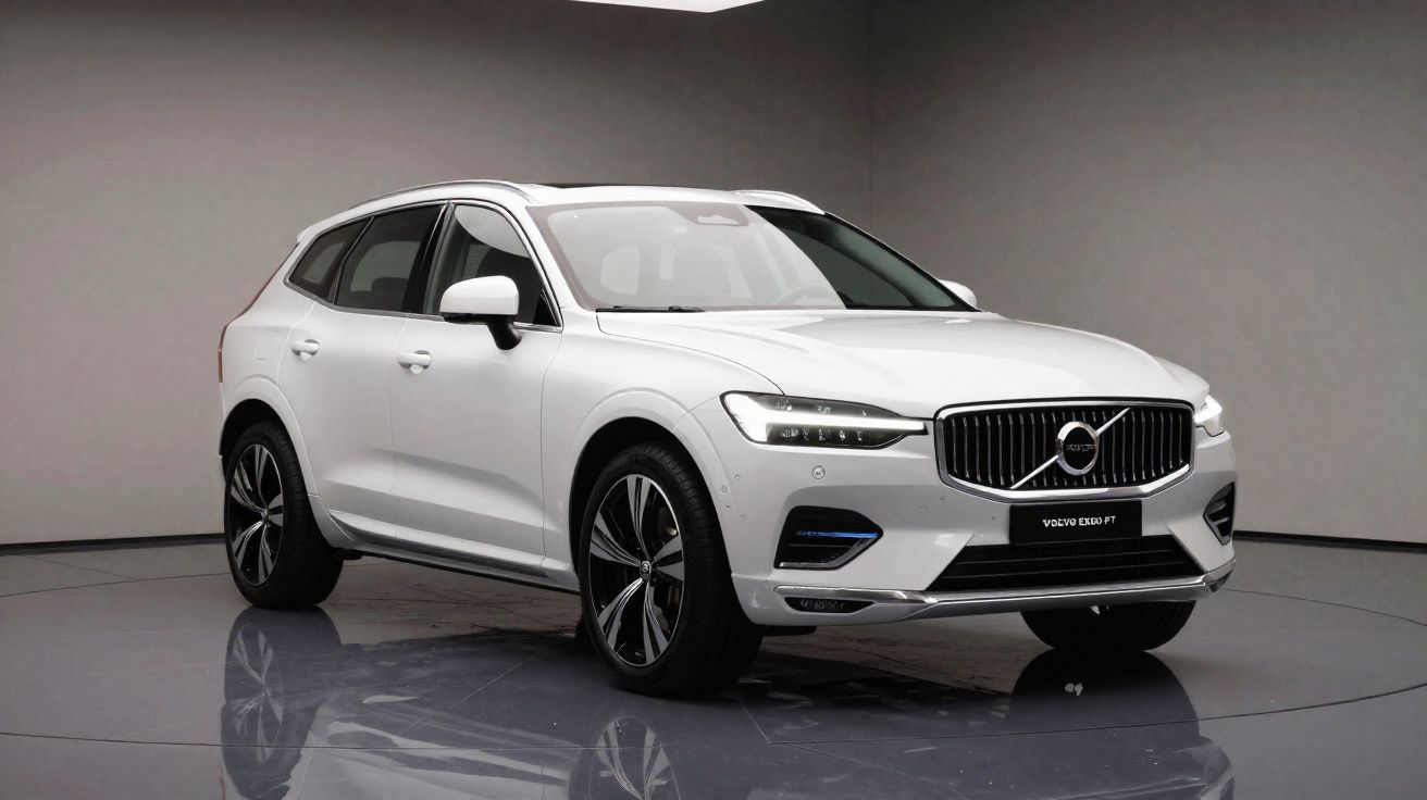 Carro SUV Volvo XC60 branco estacionado num estúdio com fundo cinzento.