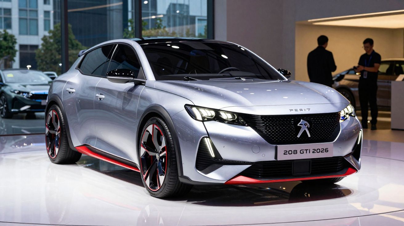 Carro desportivo prateado Peugeot 208 GTI 2026 exposto em salão automóvel moderno.
