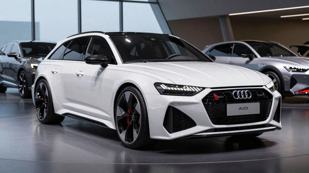 Automóvel Audi branco desportivo estacionado em salão com outros carros ao fundo.