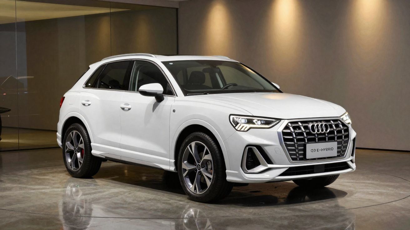 Carro Audi Q3 e-tron híbrido plug-in branco em exposição num ambiente moderno e iluminado.