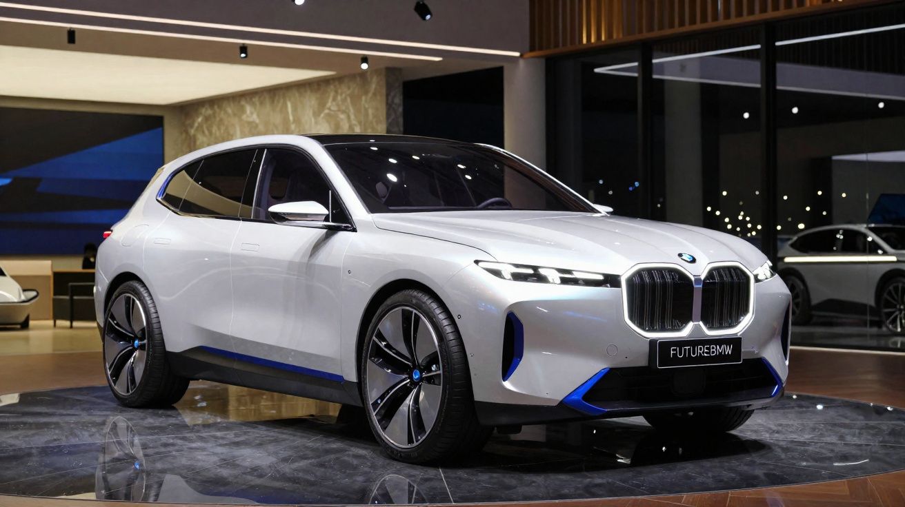 BMW branco futurista em exposição em ambiente interior com piso brilhante e grandes janelas.