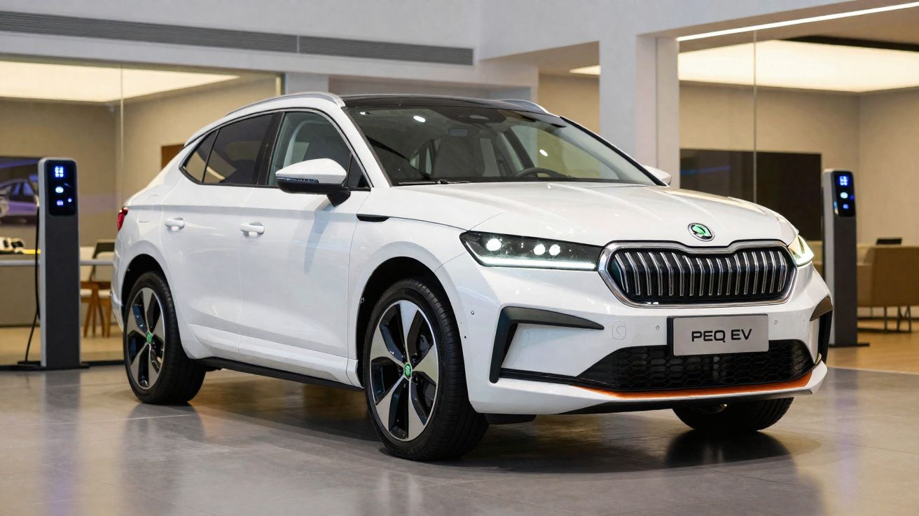 Carro elétrico branco Škoda PEQ EV estacionado interiormente junto a postos de carregamento.