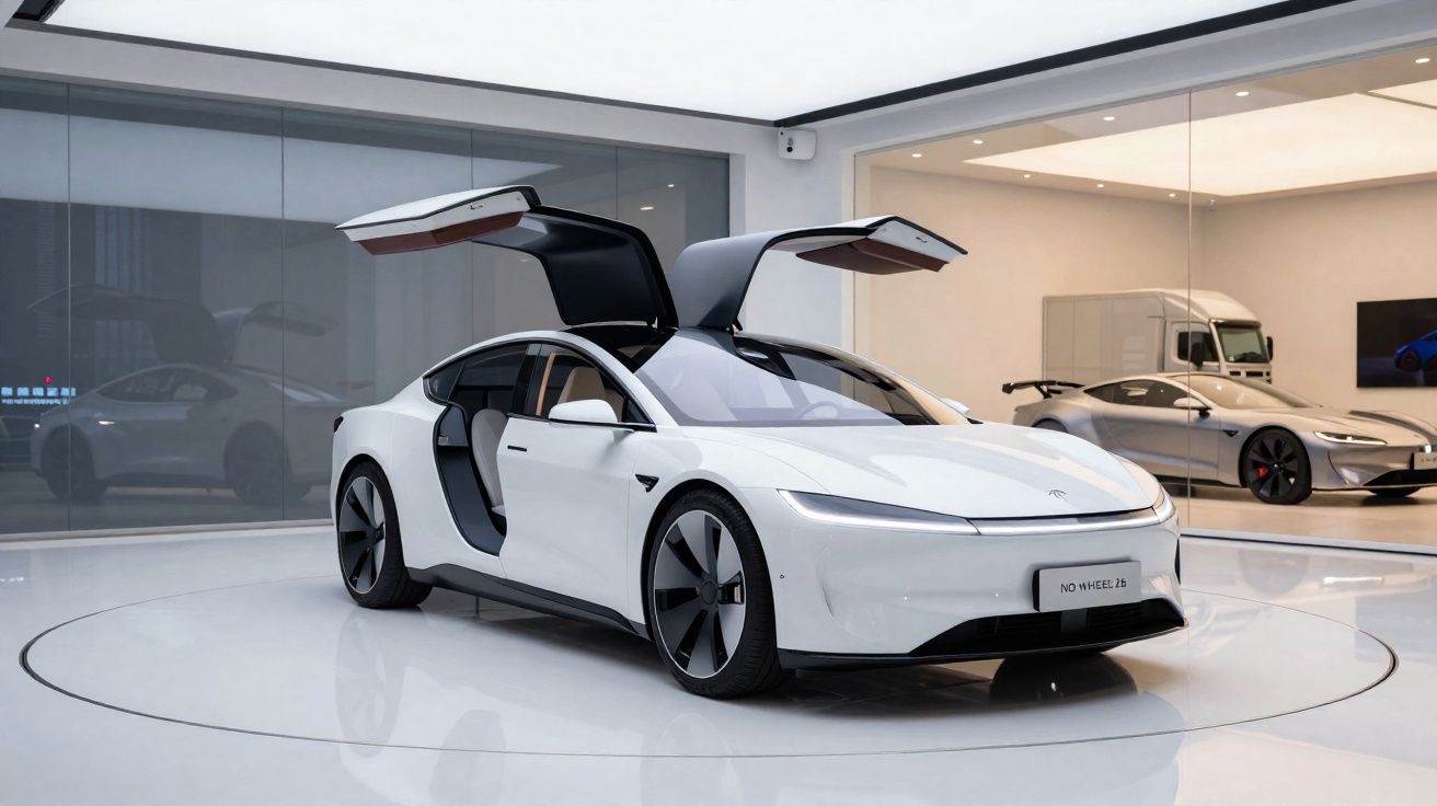 Carro elétrico branco com portas asa de gaivota aberto em exposição interior moderna e minimalista.