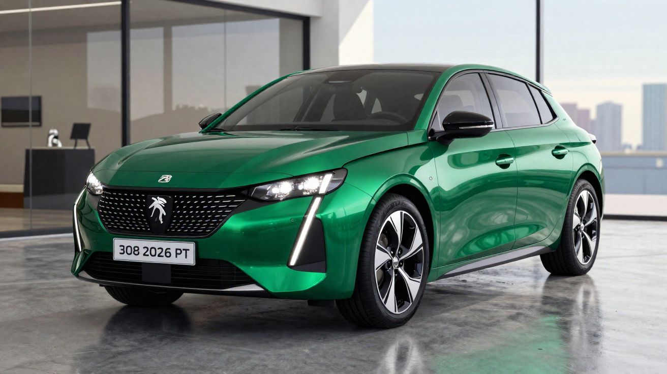 Peugeot 308 verde metálico estacionado numa garagem moderna com grandes janelas envidraçadas.