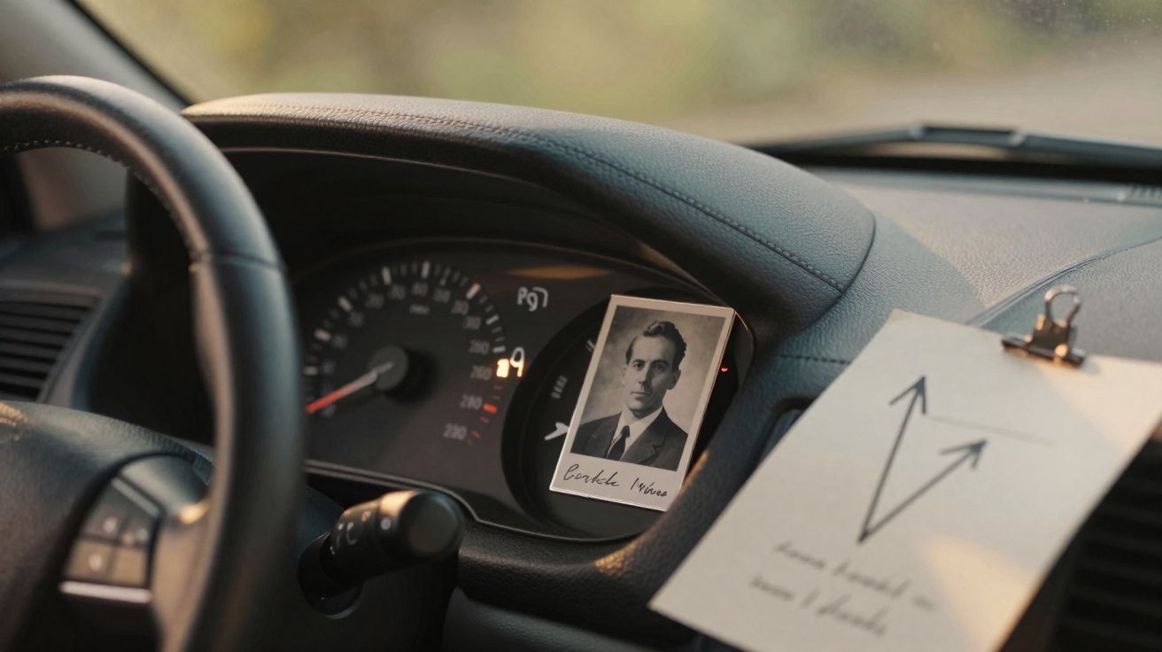 Interior de carro com fotografia antiga junto ao velocímetro e papel com desenho de setas preso no tablier.