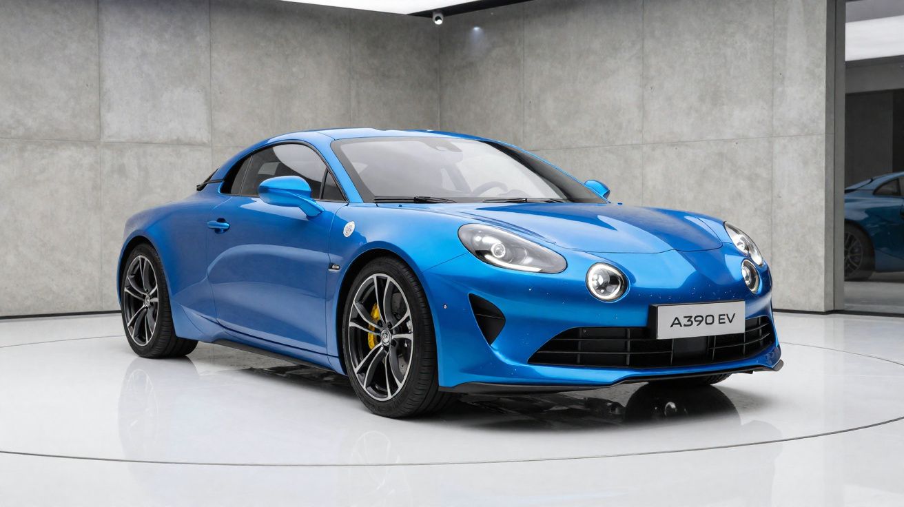 Carro desportivo azul elétrico Alpine A390 EV apresentado em sala moderna com chão branco e paredes cinzentas.