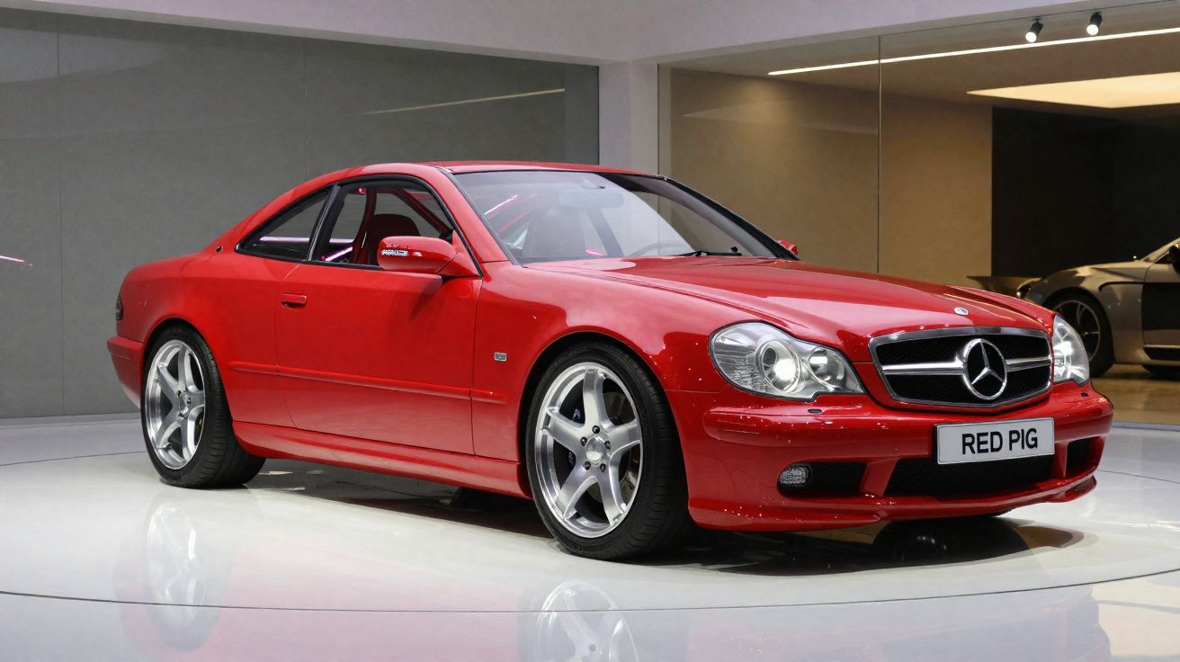 Carro desportivo Mercedes-Benz vermelho com jantes prateadas em exposição num showroom moderno.