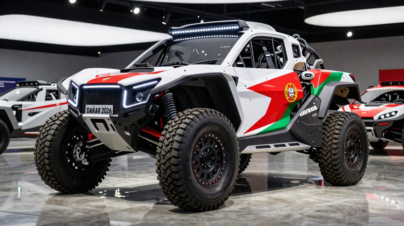 Carro de rally Dakar 2026 branco com detalhes vermelhos, verdes e o emblema de Portugal, perante um piso refletivo.