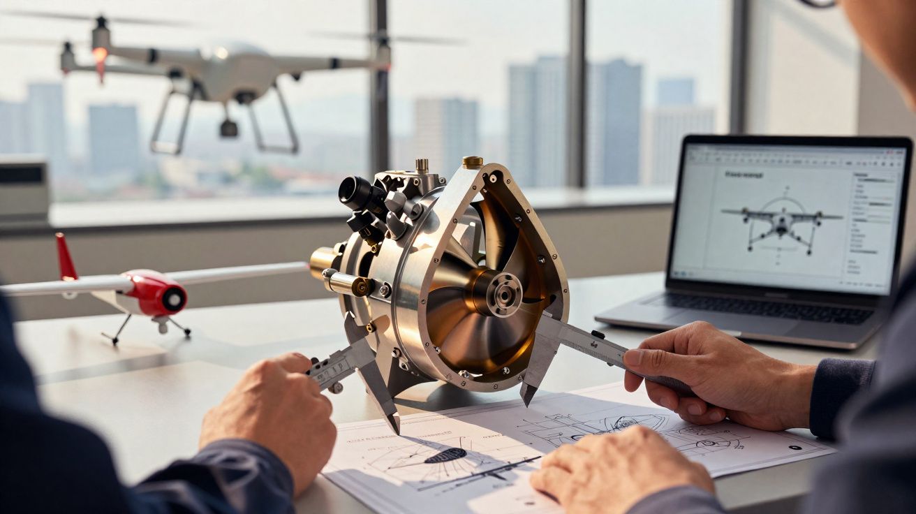 Engenheiros a medir peça metálica com paquímetros em escritório com drone e computador ao fundo.