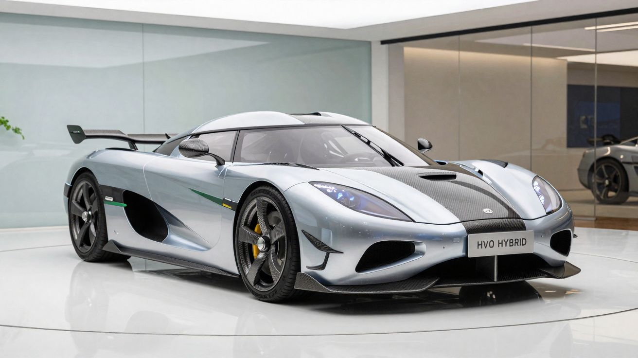 Carro desportivo híbrido prateado brilhante com detalhes em carbono, exibido num espaço interior moderno.