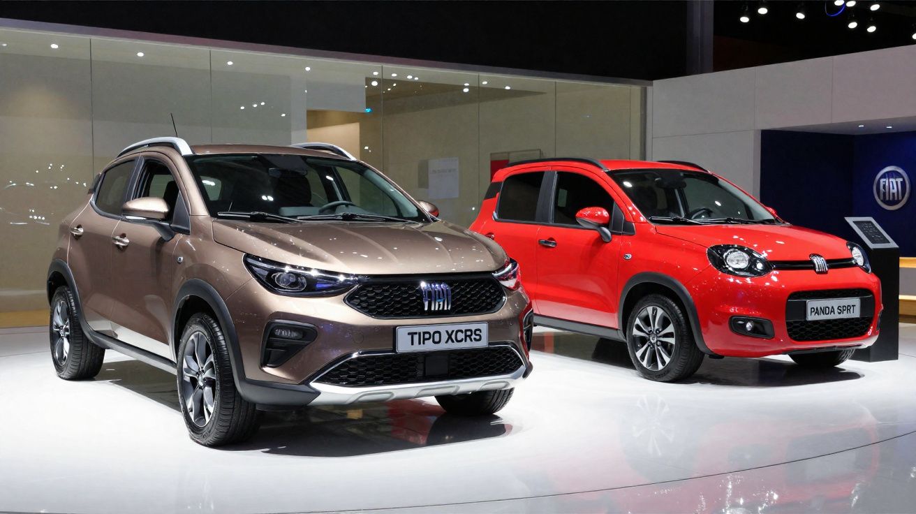 Dois carros Fiat novos expostos, um Tipo XCRS castanho e um Panda Sport vermelho num salão.