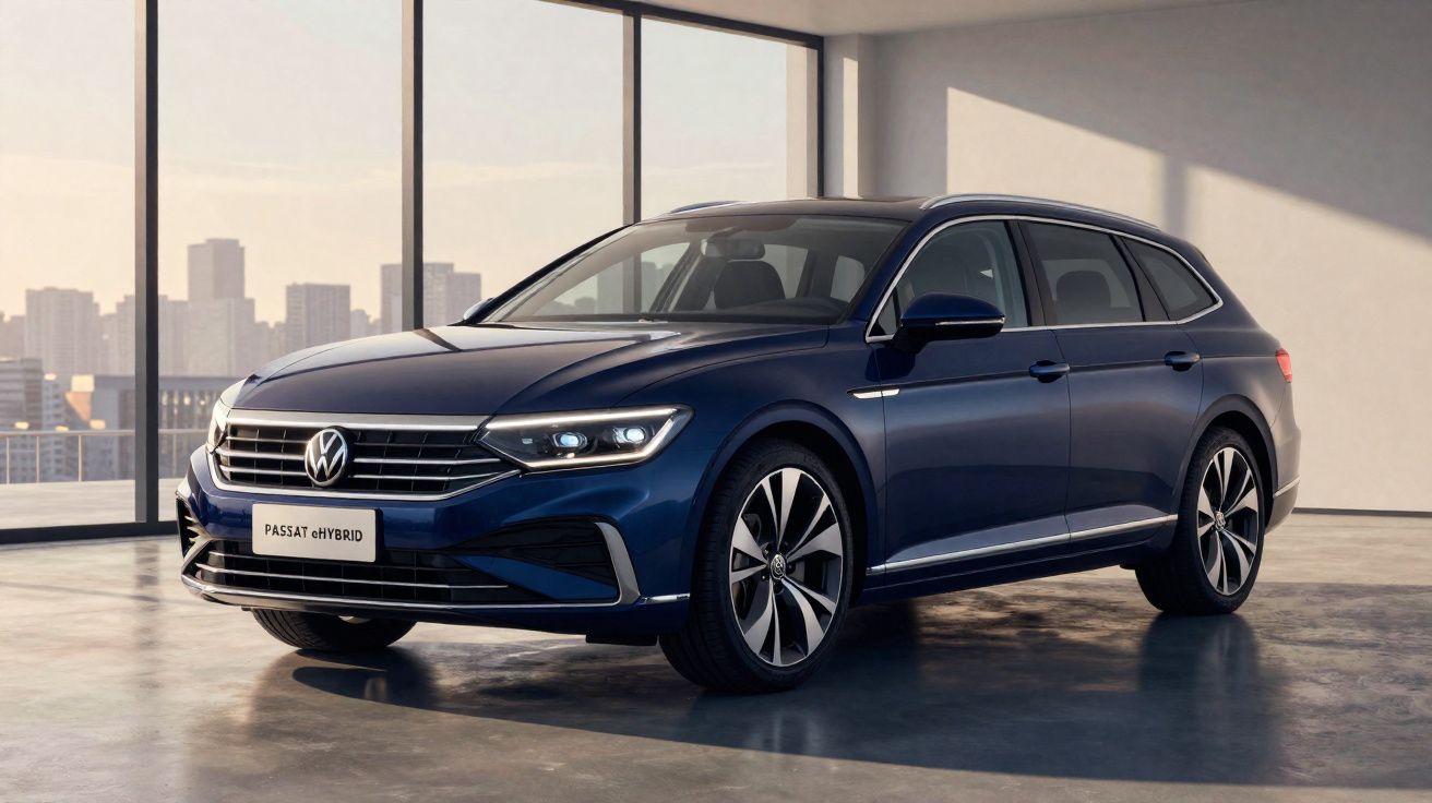Carro azul Volkswagen Passat eHybrid estacionado em interior moderno com janelas amplas e vista para a cidade.