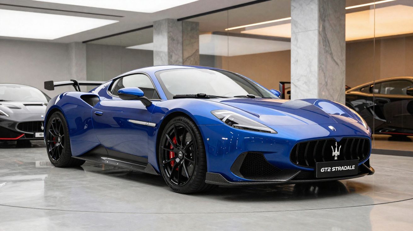 Carro desportivo Maserati GT2 Stradale azul em exposição num salão moderno com chão cinzento.