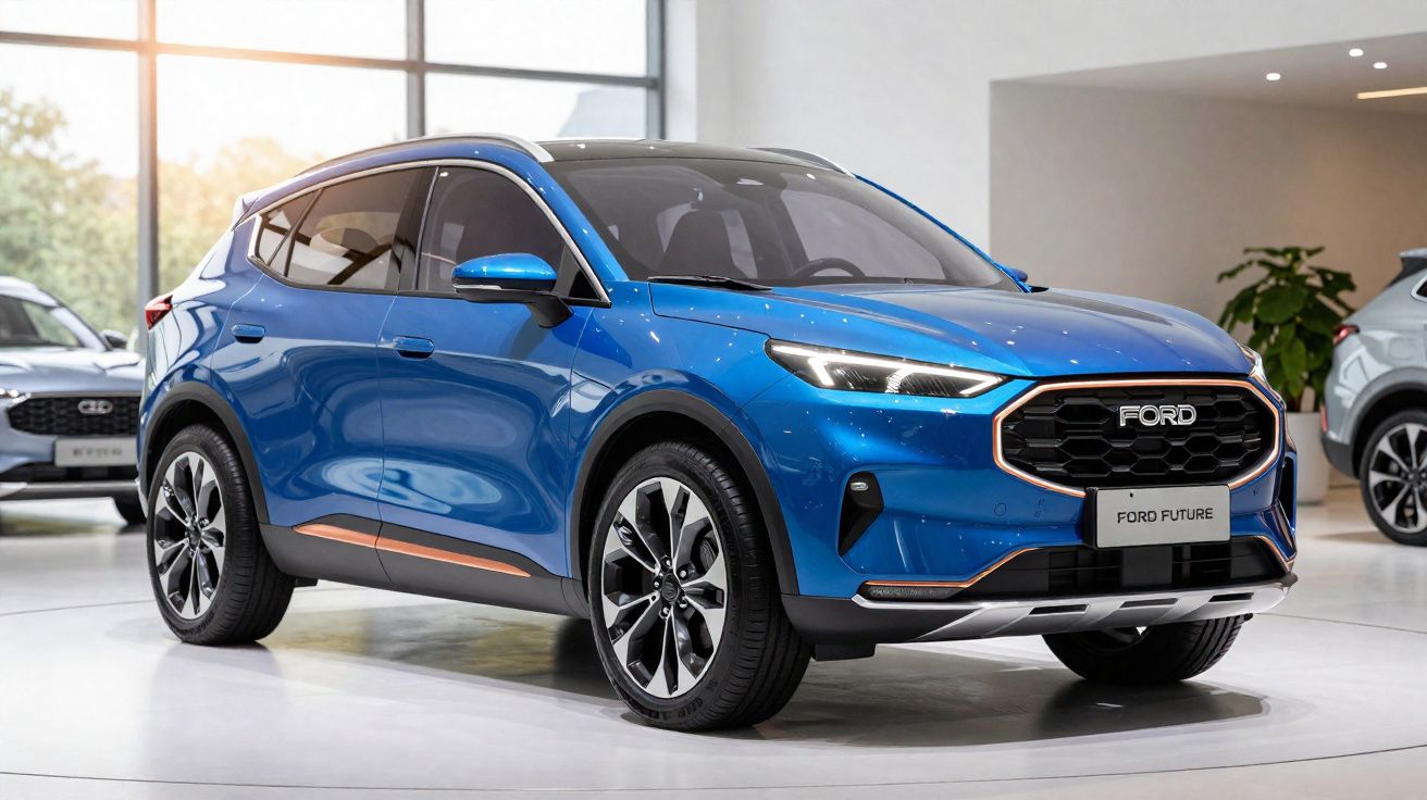 Carro SUV elétrico azul Ford Future exposto num espaço interior moderno e iluminado.