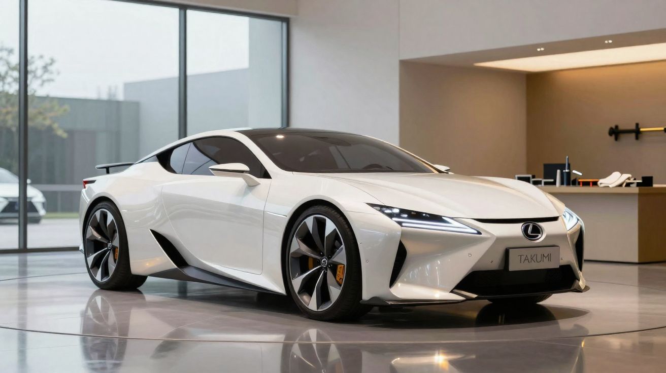 Carro desportivo branco Lexus Takumi estacionado num showroom moderno com janelas grandes.