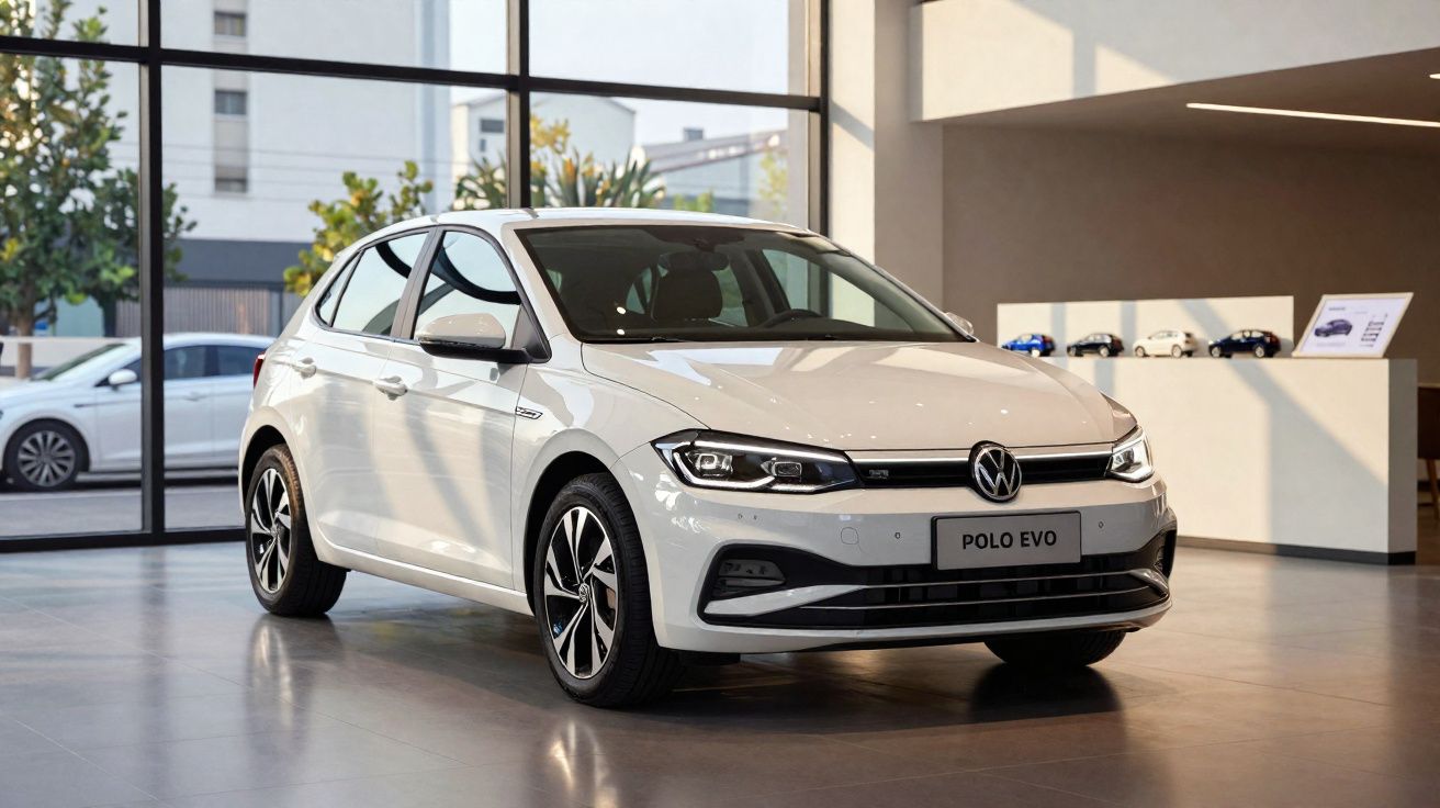 Carro Volkswagen Polo Evo branco exibido numa sala de showroom moderna com janelas grandes.