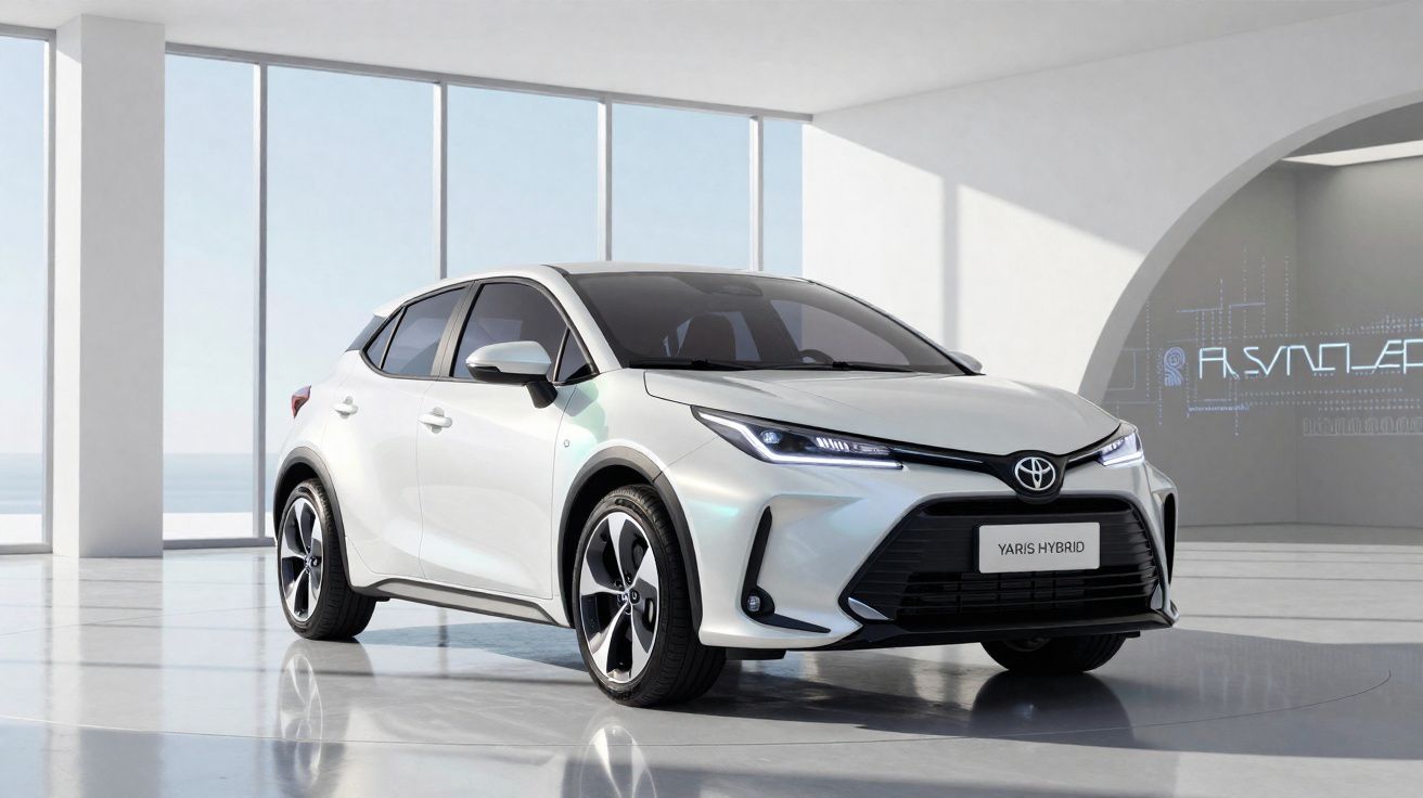Automóvel Toyota Yaris Hybrid branco estacionado em espaço interior moderno e luminoso.