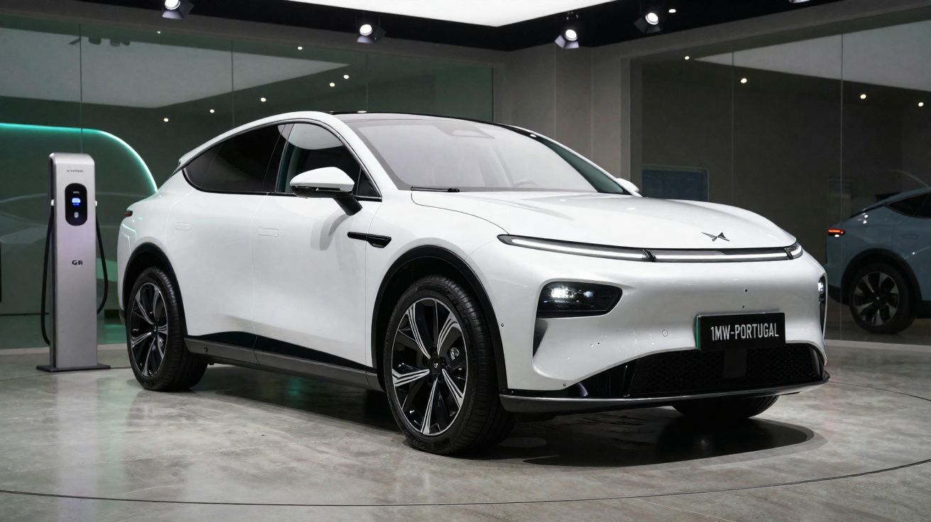Carro elétrico branco moderno estacionado numa sala de exposição, junto a um posto de carregamento.