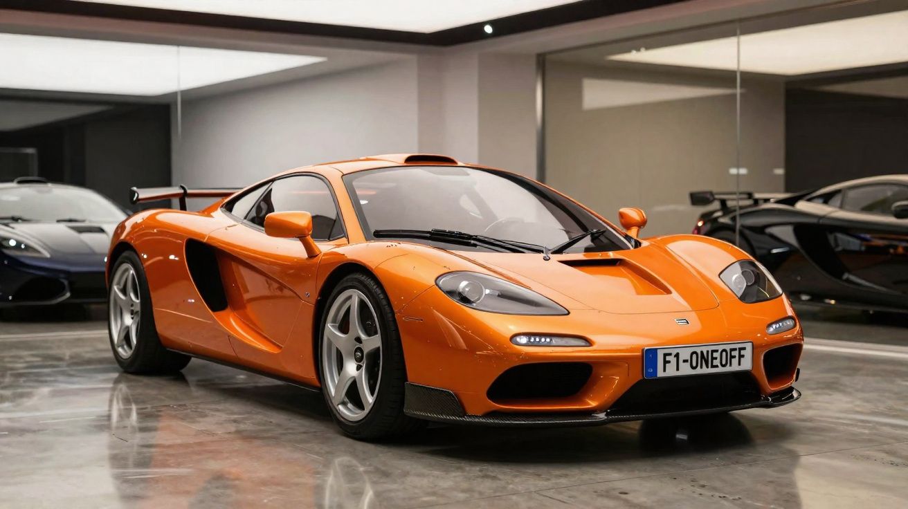 Carro desportivo laranja estacionado em garagem com piso reflector e outros carros ao fundo.