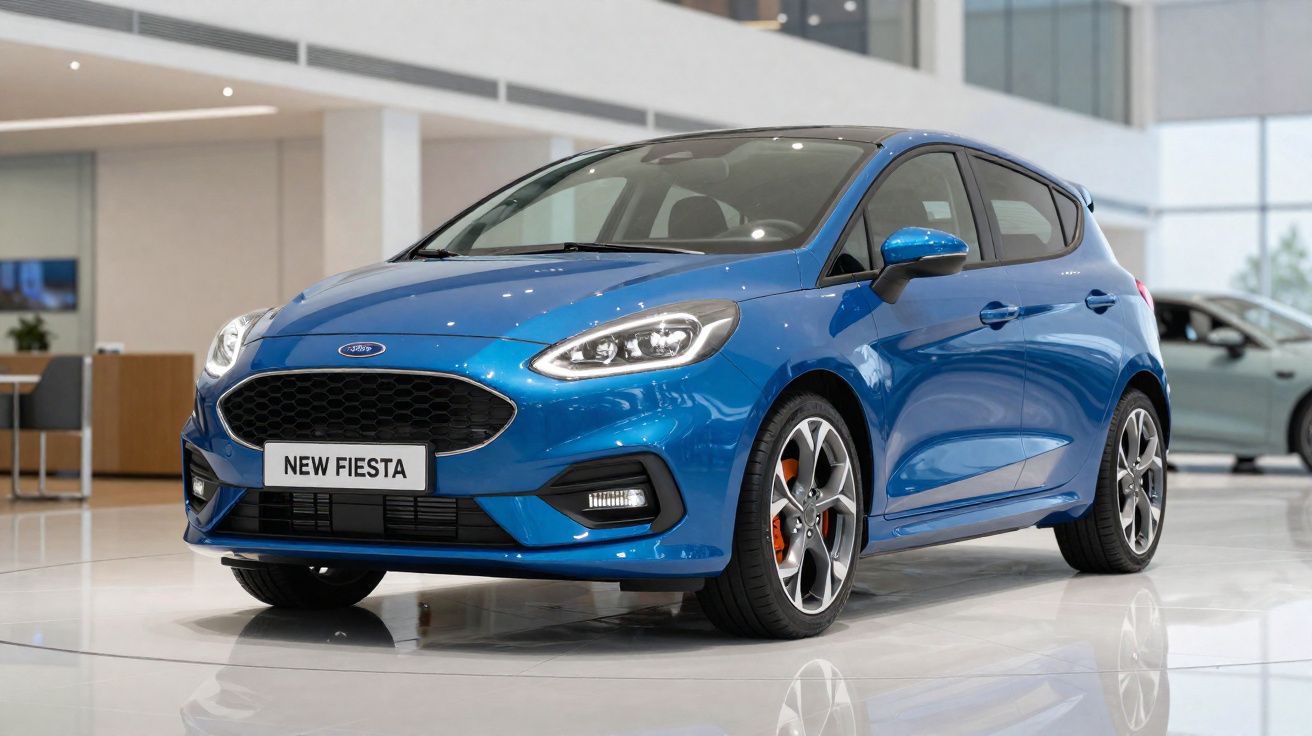 Ford New Fiesta azul estacionado em showroom moderno com luz natural.