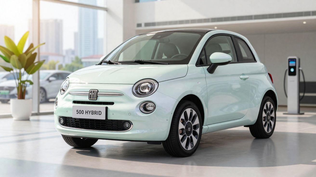 Carro Fiat 500 Hybrid branco estacionado em espaço interior moderno com carregador elétrico ao fundo.