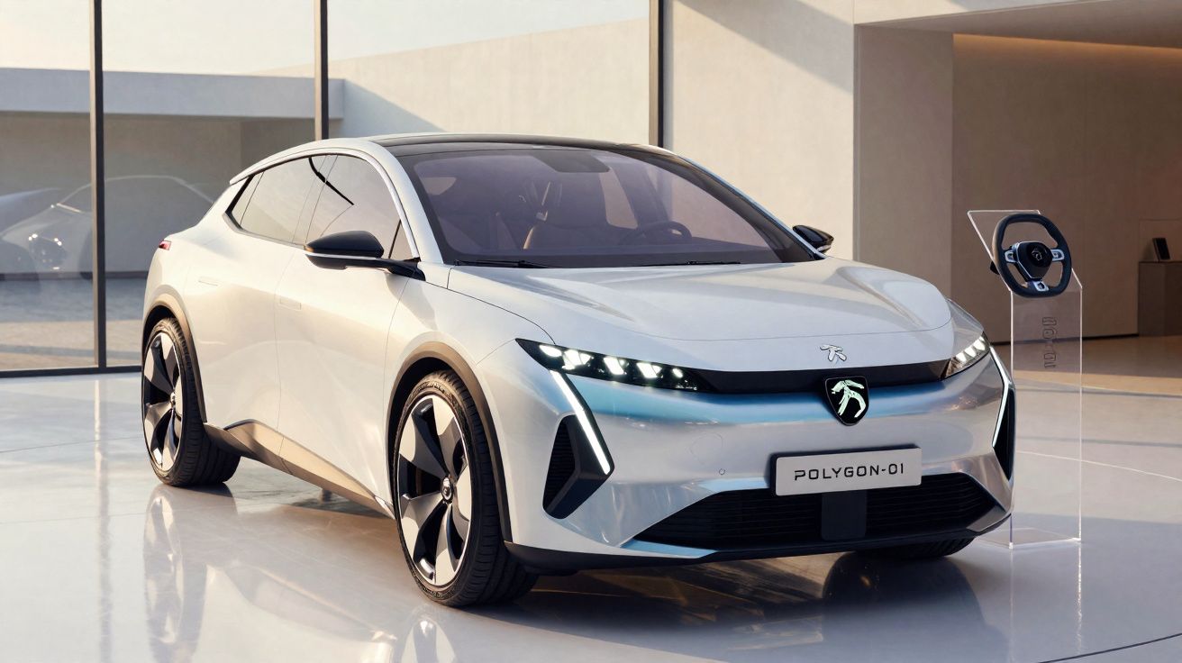 Automóvel elétrico branco futurista Peugeot Polygon-01 em exposição num espaço moderno e minimalista.