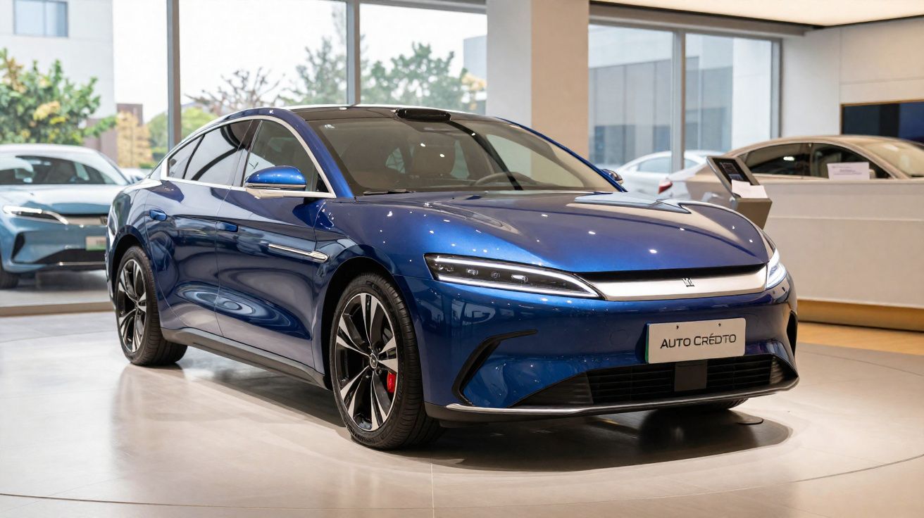 Automóvel desportivo elétrico azul exibido num stand de vendas moderno com iluminação natural.