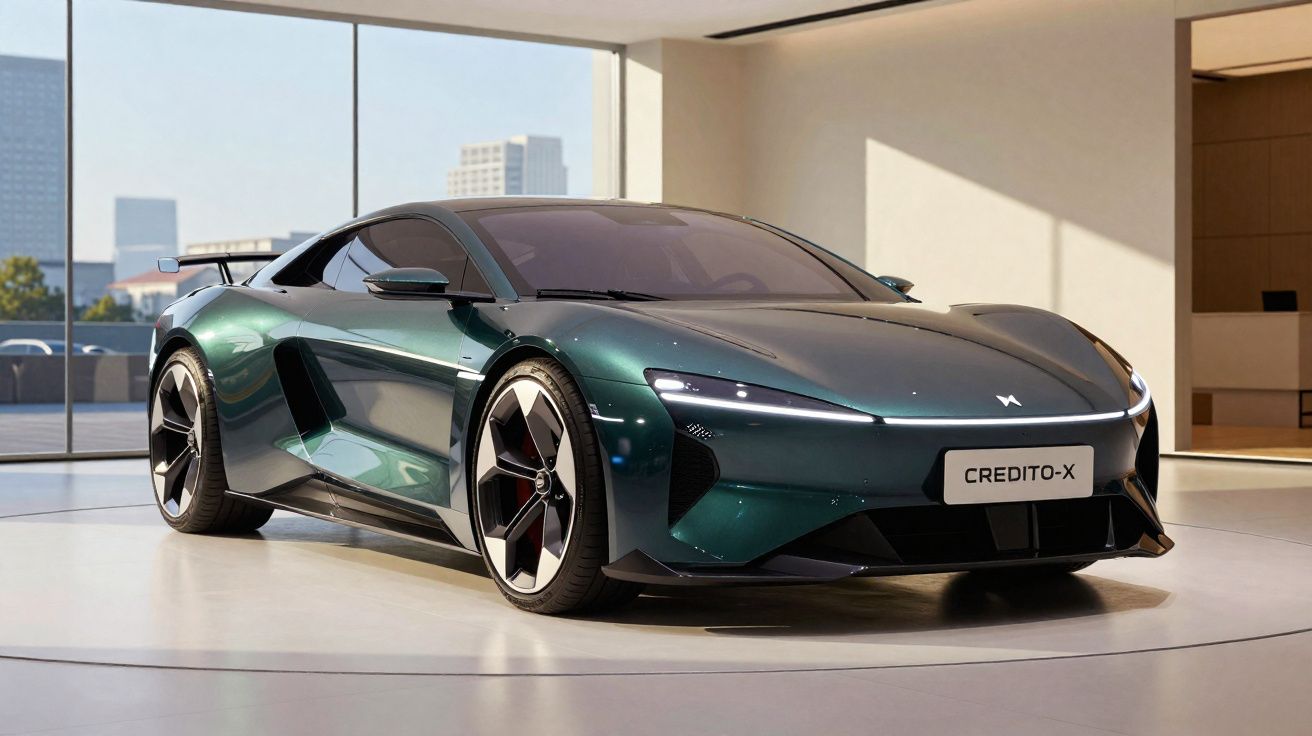Carro desportivo elétrico verde escuro com design aerodinâmico e luzes LED finas exibido em showroom moderno.