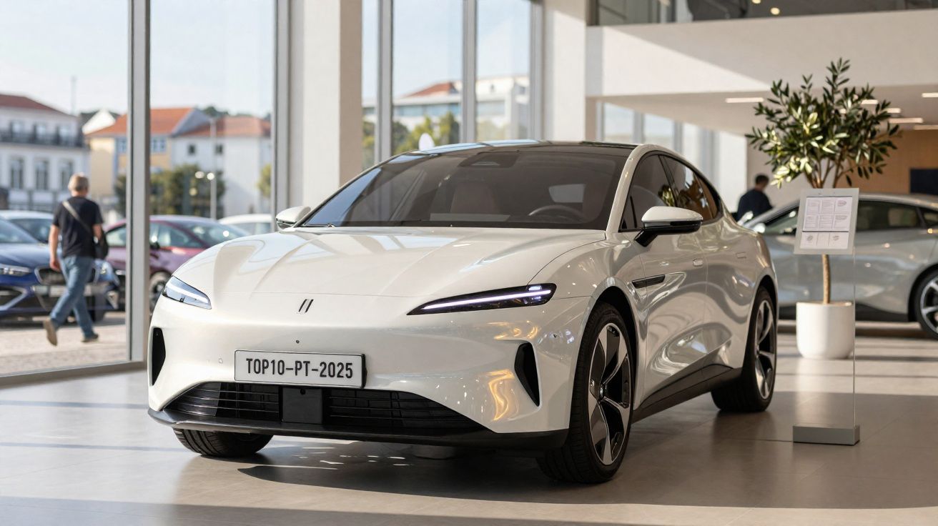 Carro elétrico branco moderno exposto em sala de showroom com vidros e planta decorativa.