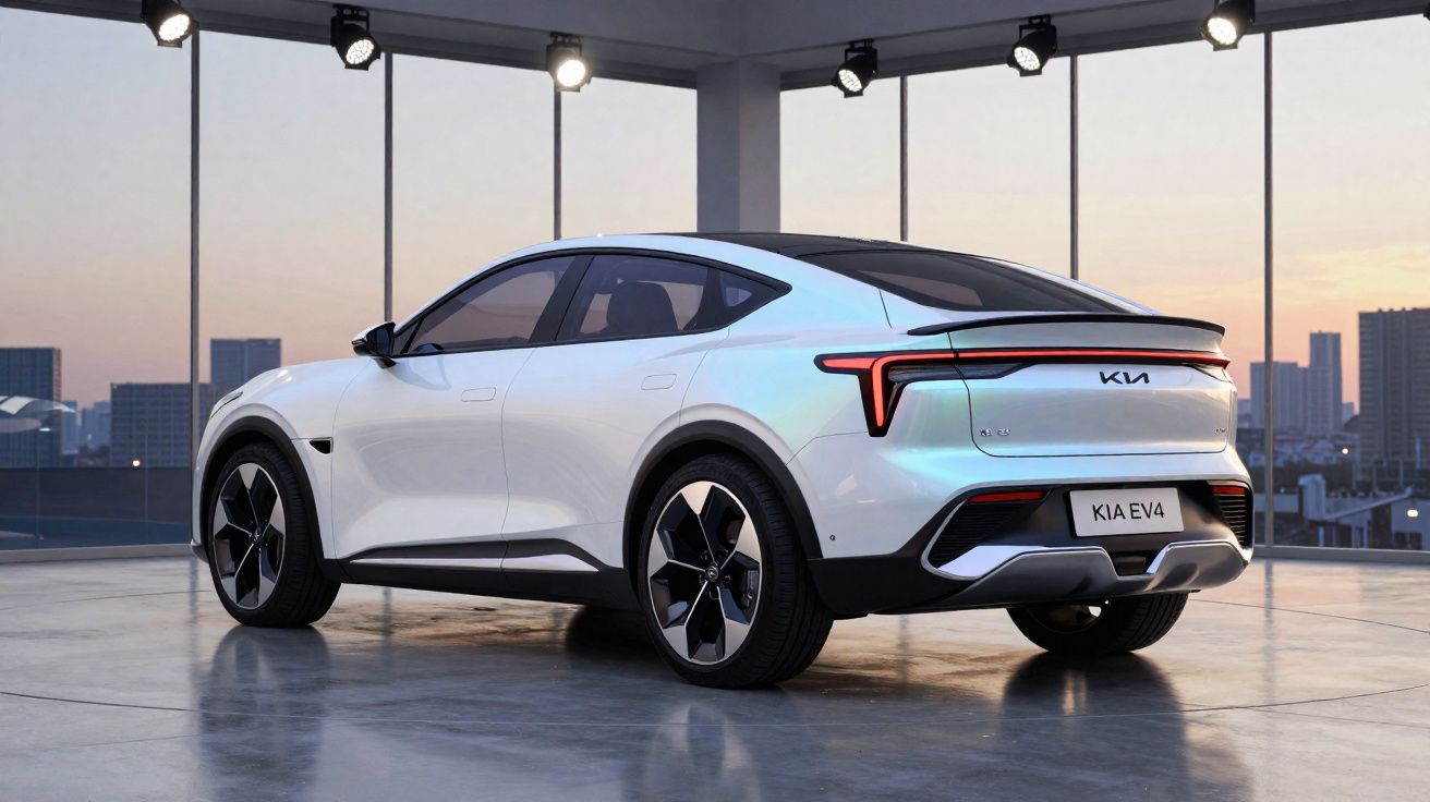 Carro eléctrico Kia EV4 branco estacionado em showroom com grandes janelas e vista urbana ao pôr do sol.