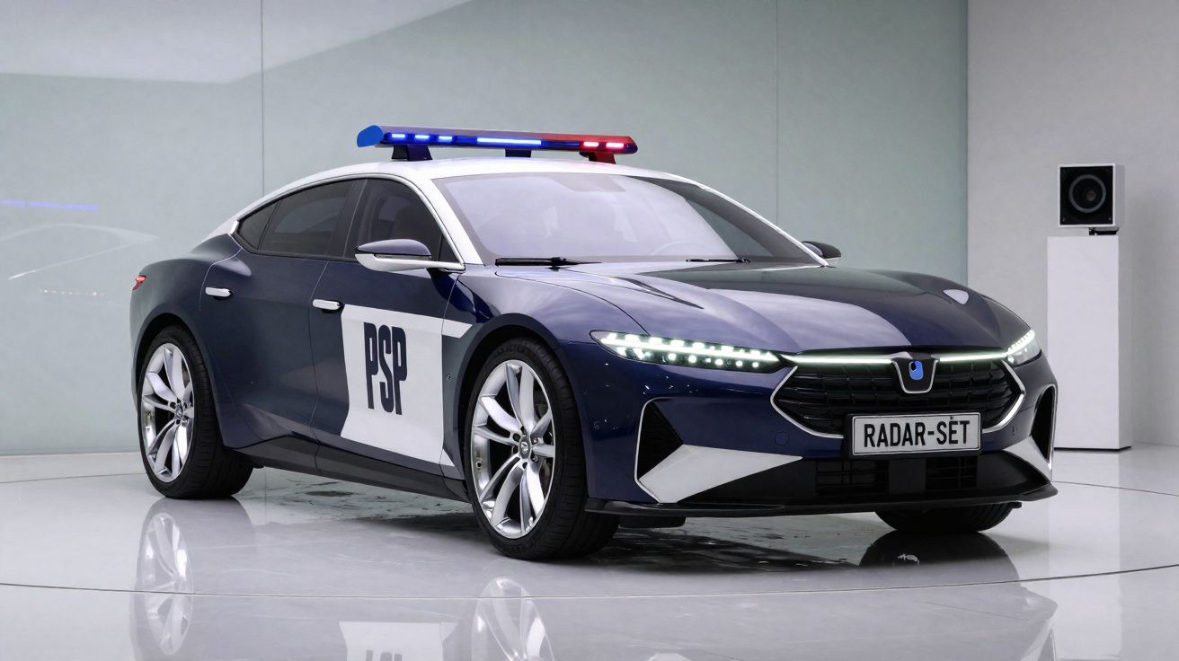 Carro policial elétrico azul escuro com sirenes azuis e vermelhas, logótipo PSP e matrícula Radar-Set.