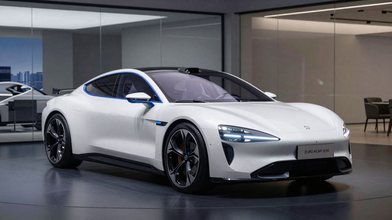 Carro desportivo branco moderno em exposição num salão com piso cinzento e paredes de vidro.