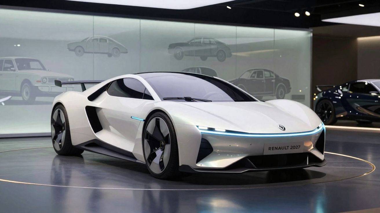 Carro desportivo futurista branco Renault 2027 em exposição numa sala moderna com iluminação suave.
