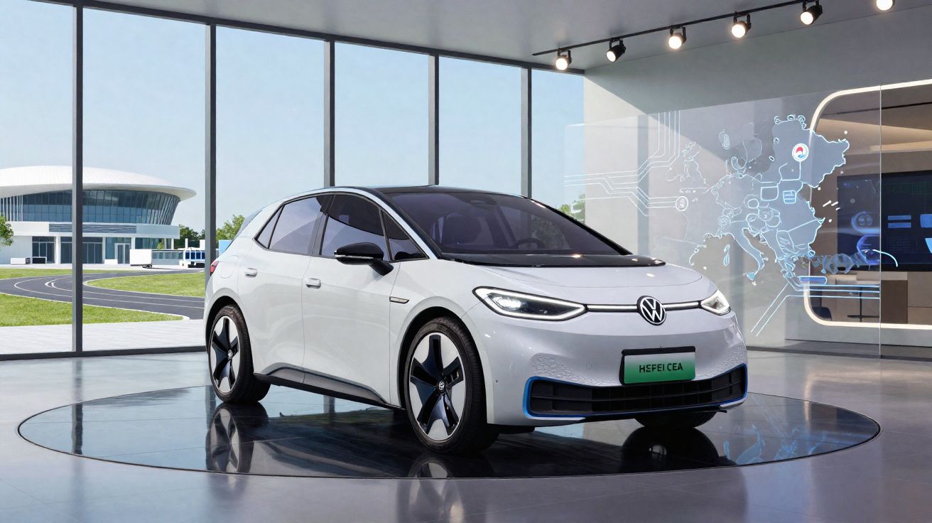 Carro elétrico Volkswagen branco exposto em ambiente moderno com grandes janelas e vista para edifício arquitetónico.