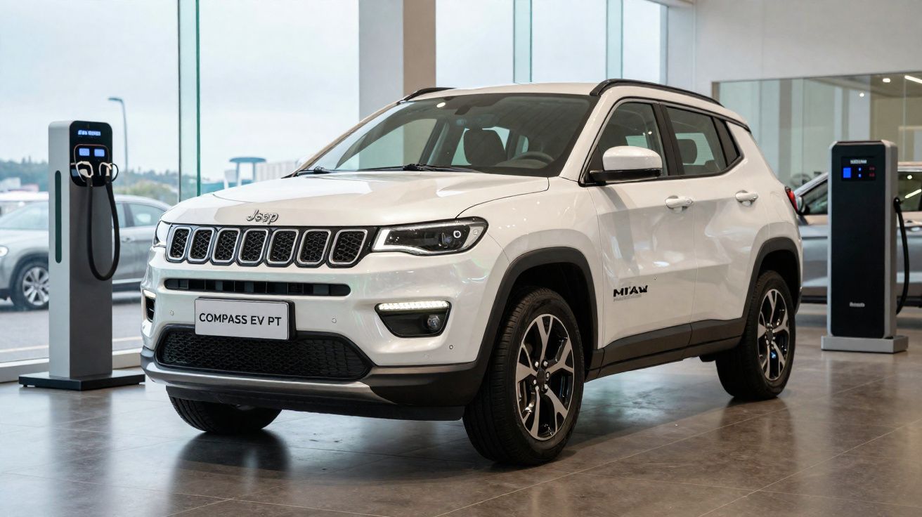 Carro elétrico Jeep Compass EV branco exposto numa sala com estações de carregamento ao fundo.