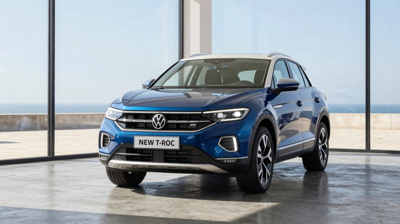 Carro SUV Volkswagen T-Roc azul com tejadilho branco estacionado em espaço interior com vista marítima.