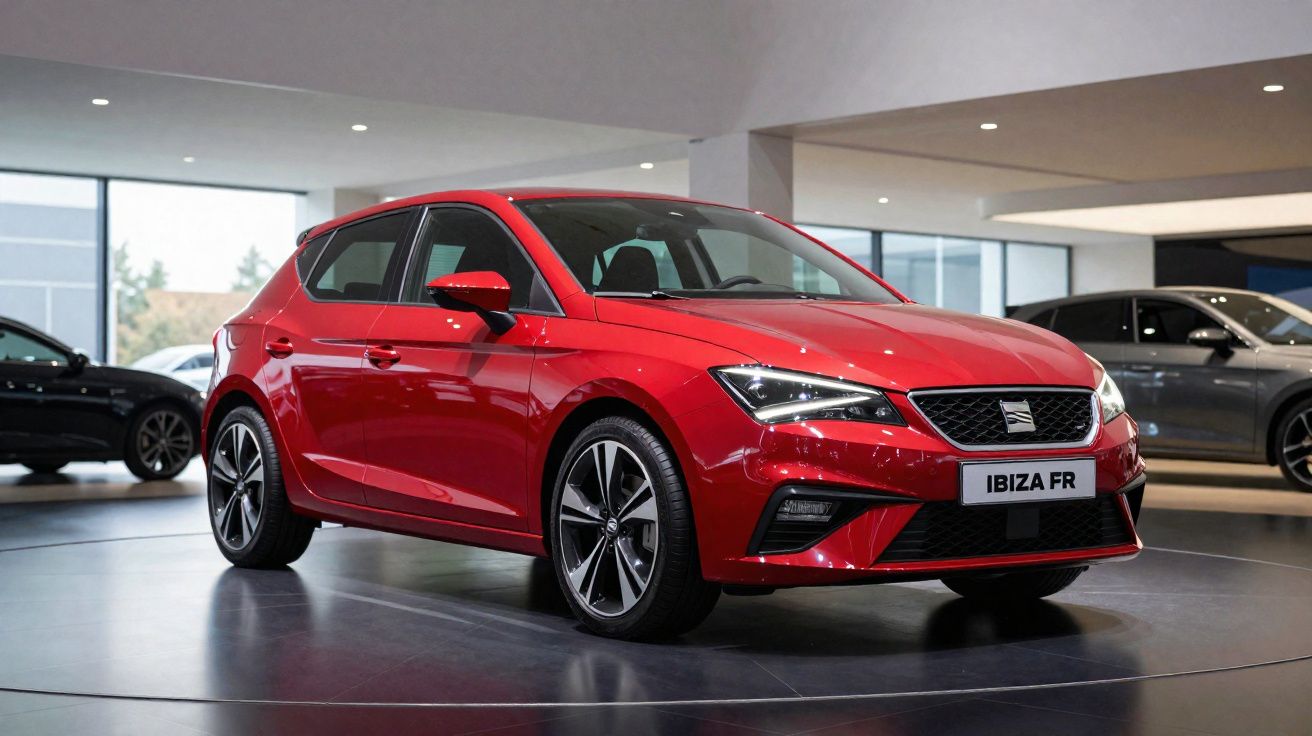 Carro vermelho Seat Ibiza FR exibido num salão automóvel moderno com iluminação interior.