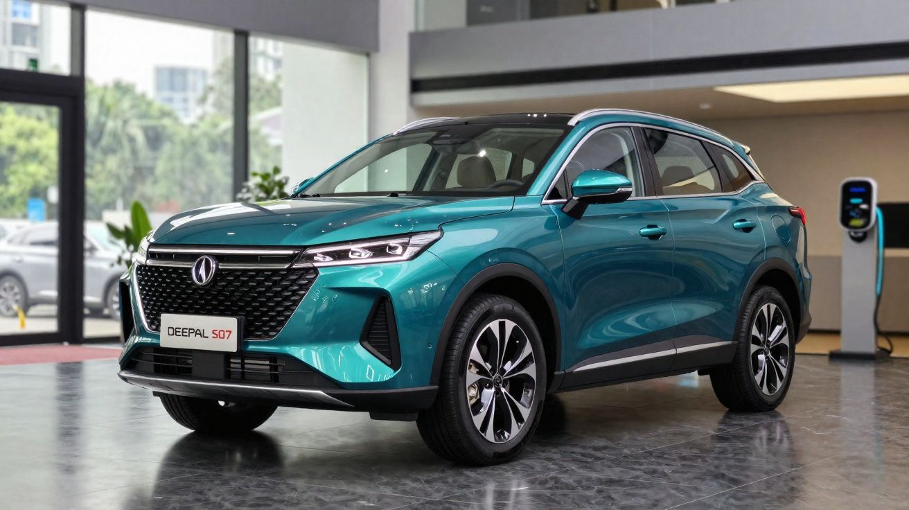 SUV elétrico Deepal S07 azul em salão de automóveis moderno, com carregador de carro elétrico ao fundo.