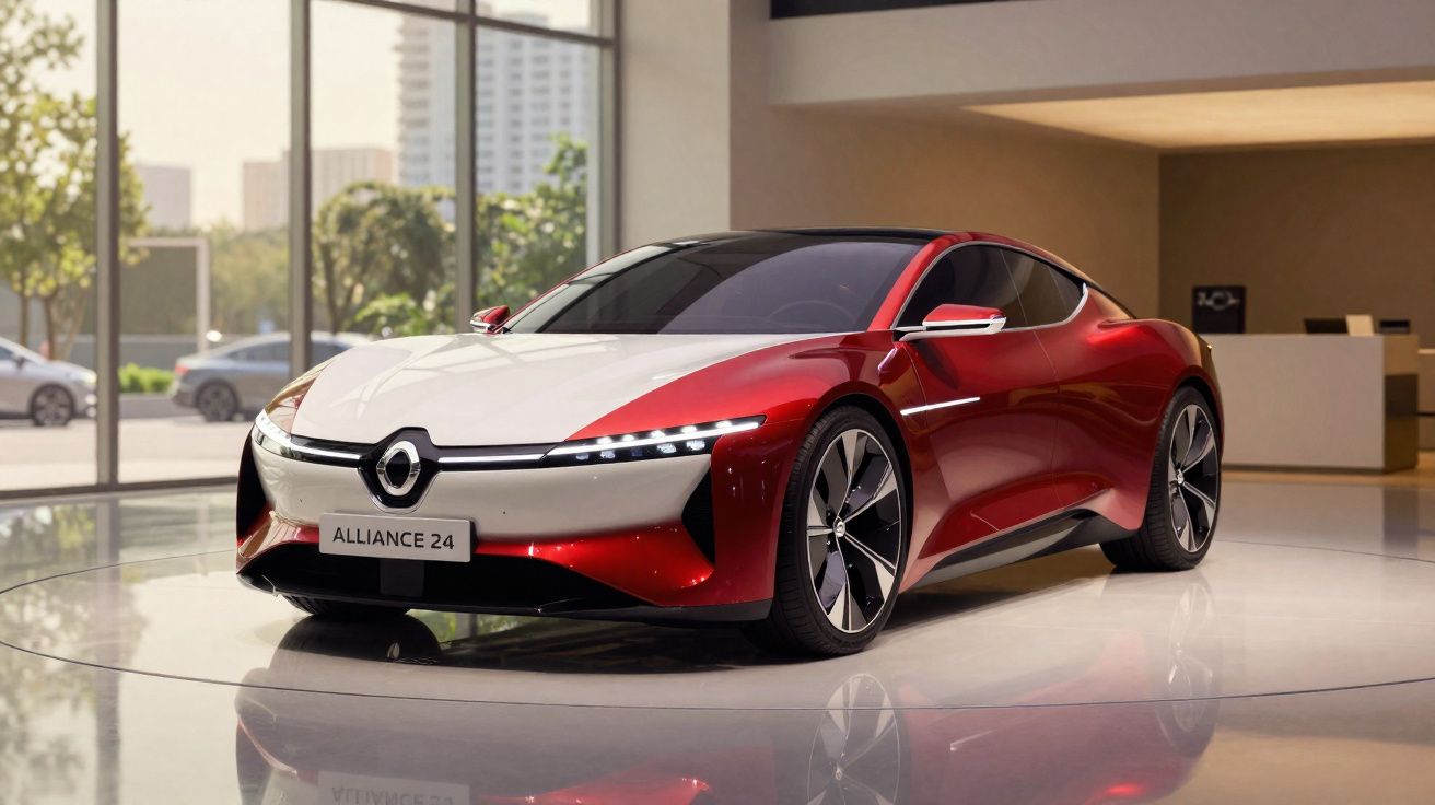 Carro desportivo elétrico vermelho e branco estacionado em ambiente interior moderno.