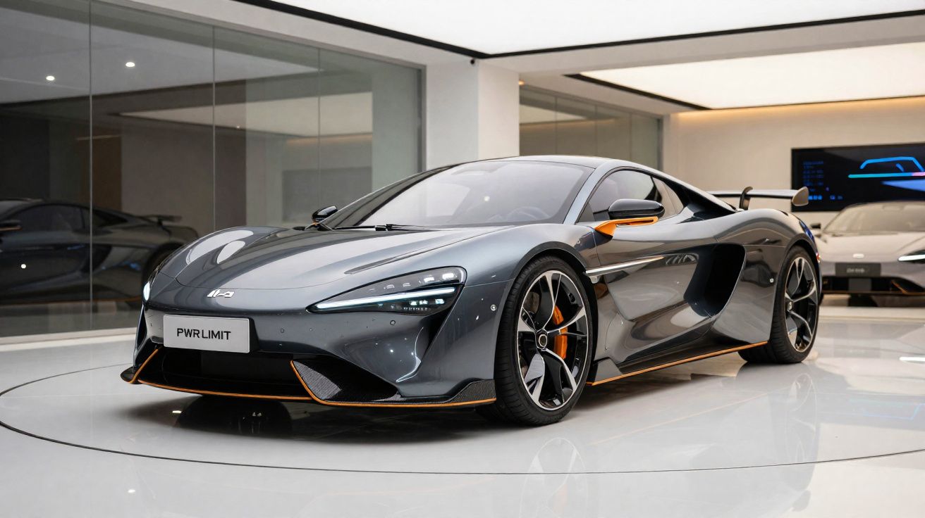 Carro desportivo cinzento com detalhes laranja exibido em showroom moderno e iluminado.